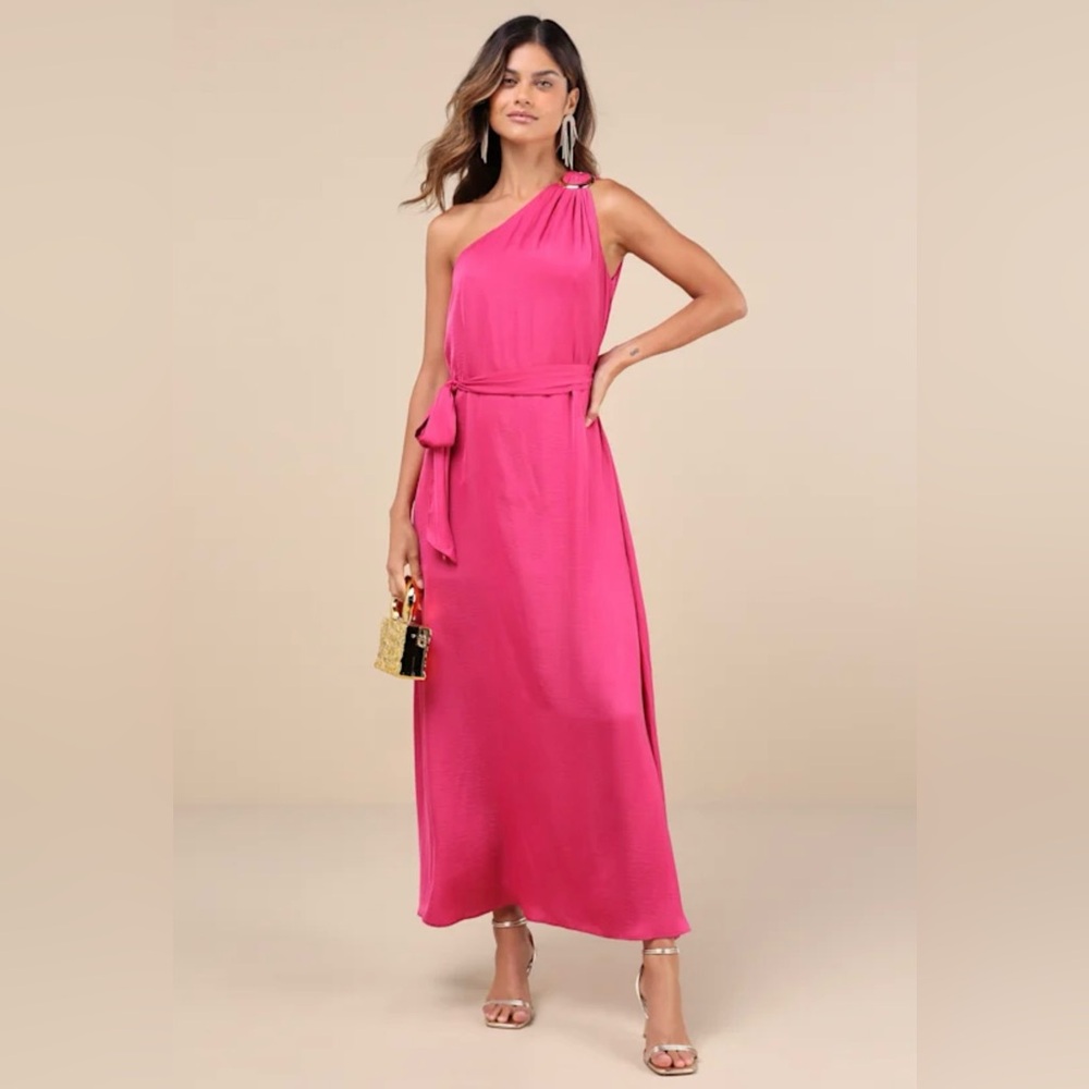 Lulus Goddess Aura Fuchsia Satin One Shoulder Maxi Dress Brand New With Tags